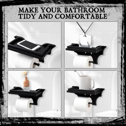 Chunful Bat Toilet Paper Holder with Shelf Gothic Creepy Wooden Black Paper Roll Holder Wall Mount Gothic Christmas Halloween Decor for Bathroom