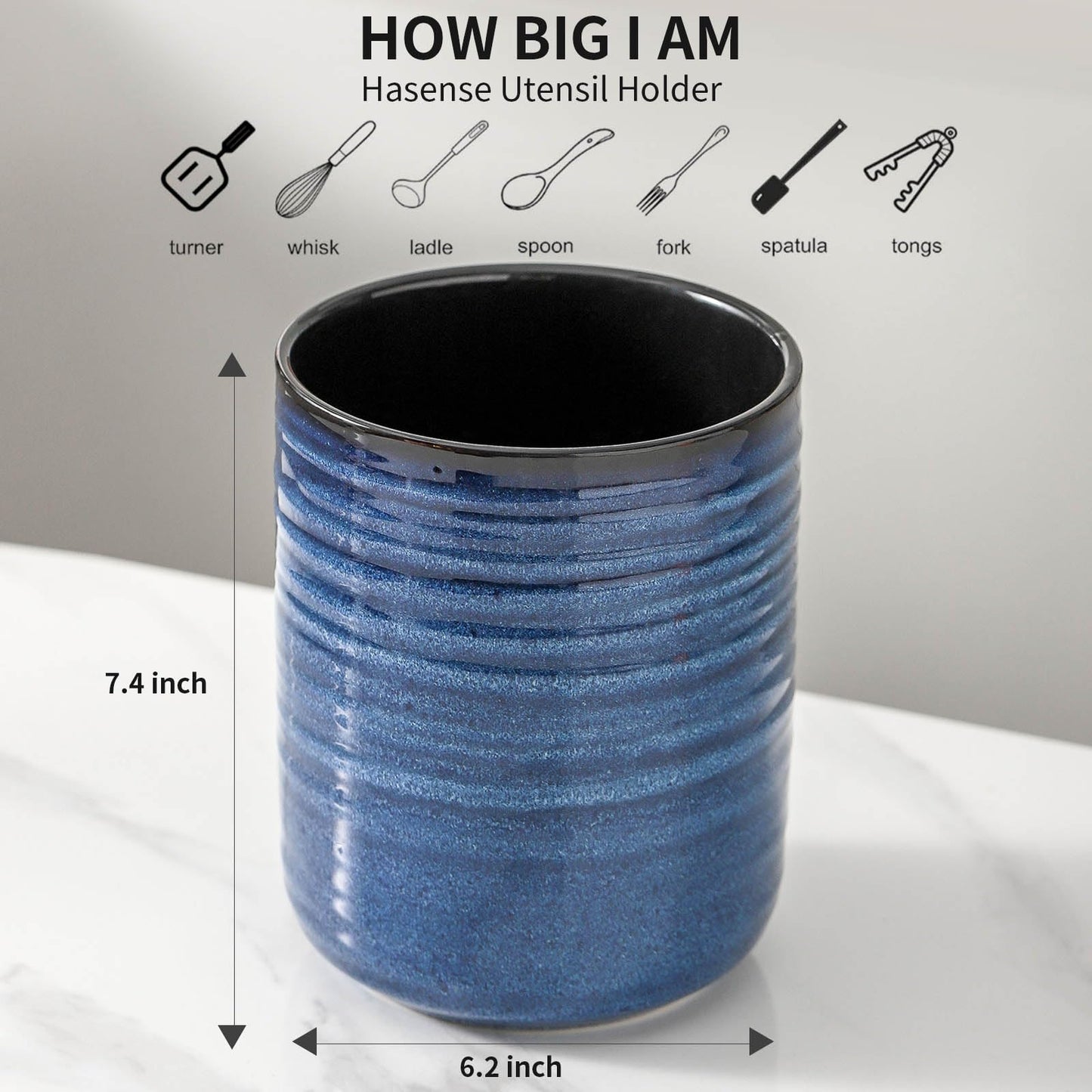 HASENSE Large Ceramic Utensil Holder, 7.4" Kitchen Utensil Crock for Countertop, Modern Farmhouse Utensil Organizer Caddy for Cooking Utensil Set, Blue Kitchen Decor