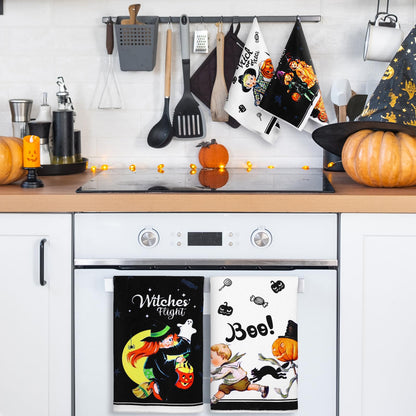FuWeave 6 Pcs Halloween Kitchen Towels Absorbent Horrible Witch Ghost Pumpkin Bat Hand Dish Cloth Retro Decorative Funny Tea Towel for Halloween Home Gift Decor