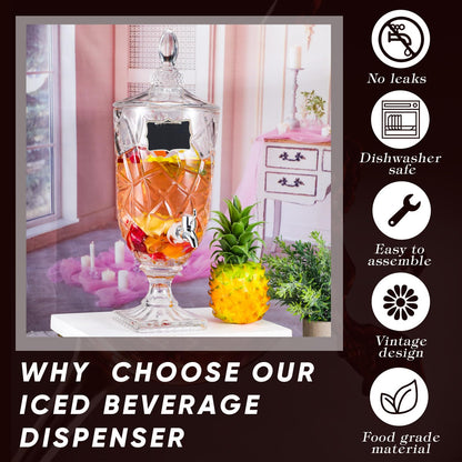 Zhehao 2 Pcs Drink Dispensers for Parties 0.8 Gallon Glass Beverage Dispenser Clear Vintage Crystal Beverage Dispenser with Spigot and 2 Wooden Chalkboard Wide Mouth Beverage Server for Bar Home