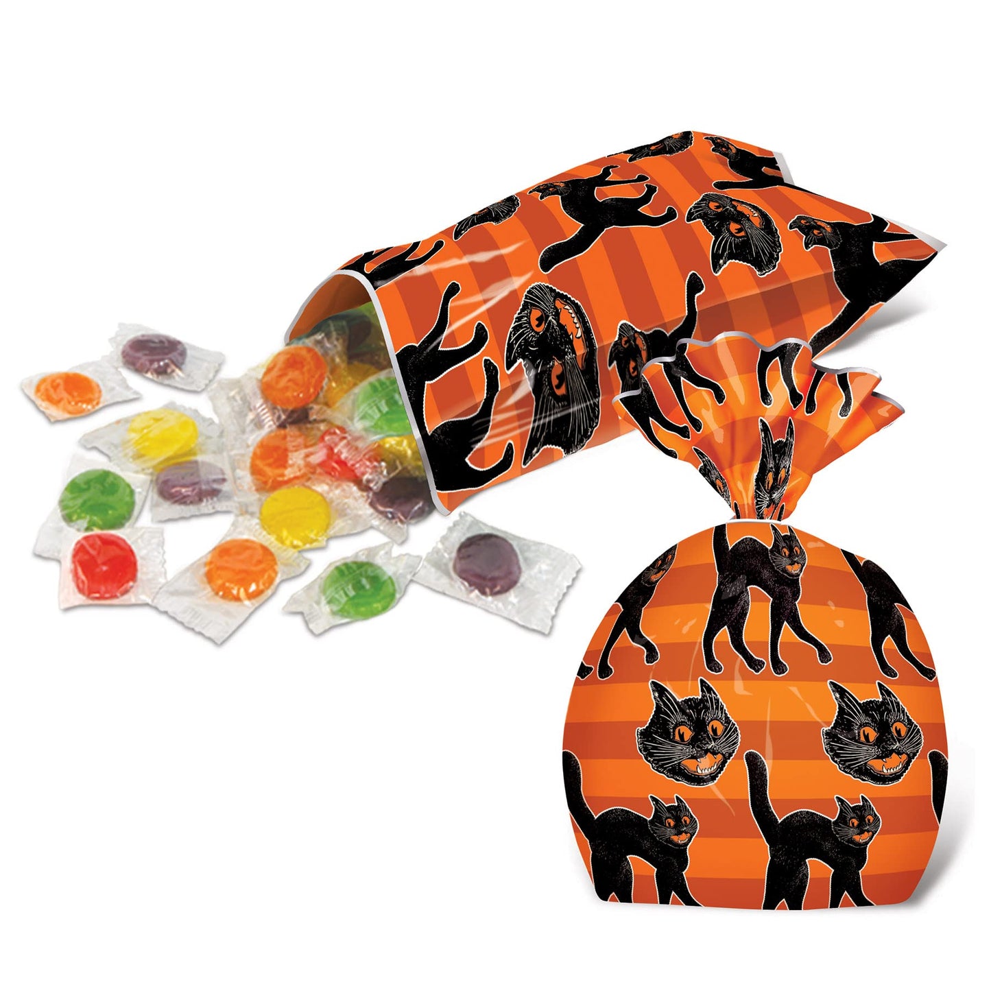 Beistle 50 Piece Vintage Halloween Plastic Cellophane Treat Bags For Cookies, Candies, And Party Favors, Includes Twist Ties