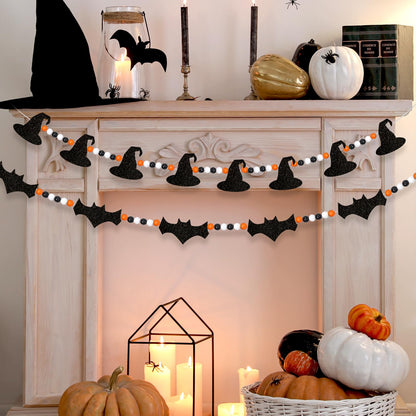 XEFINAL 2 PCS Halloween Felt Bats Witch and Wood Beads Garland Halloween for Mantle Garland Banner Decor Indoor Outdoor Haunted House Decoration