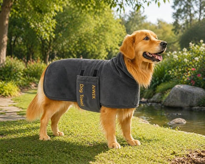 Dog Towel Dog Bathrobe, Microfiber Super Absorbent Pet, Quick Drying Robe for After Bath, Adjustable Collar & Belly Strap Pet Cat Bath Robe Towel Grey-M