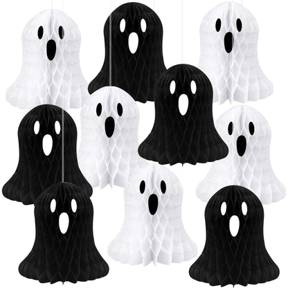 10 PCS Halloween Ornaments Hanging Cute White Black Ghost Honeycomb Decoration Halloween Tree Decorations Paper Ghost Table Decor for Home Office Classroom Holiday Party Supplies