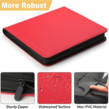 12-Pocket Business Card Binder holds 720 Cards, Premium Diamond Texture PU Leather Name Card Holder Organizer with Zipper, Black Sleeves Side Loading Card Book for Collectors & Office(red)