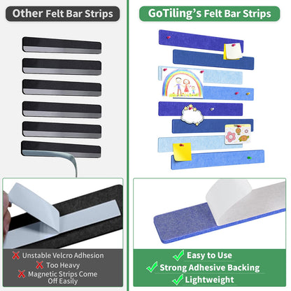GoTiling Cork Board for Walls - 8 Pack Felt Pin Board Bar Strips - Self-Adhesive Lightweight Bulletin Board - Cork Board for Office with 40 Push Pins No Damage for Wall