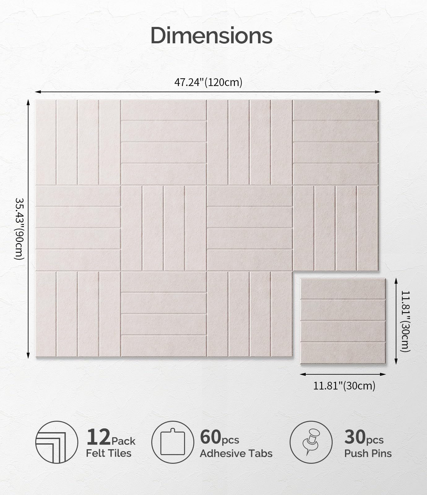 Bounmer Large Cork Board Alternative 48“ x 36”, 12-Pack Felt Bulletin Board Tiles with 60 Safe Removable Adhesive Tabs & 30 Pushpins, Cork Boards for Office Walls Decor (Oatmeal)