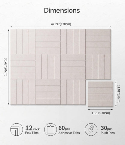 Bounmer Large Cork Board Alternative 48“ x 36”, 12-Pack Felt Bulletin Board Tiles with 60 Safe Removable Adhesive Tabs & 30 Pushpins, Cork Boards for Office Walls Decor (Oatmeal)