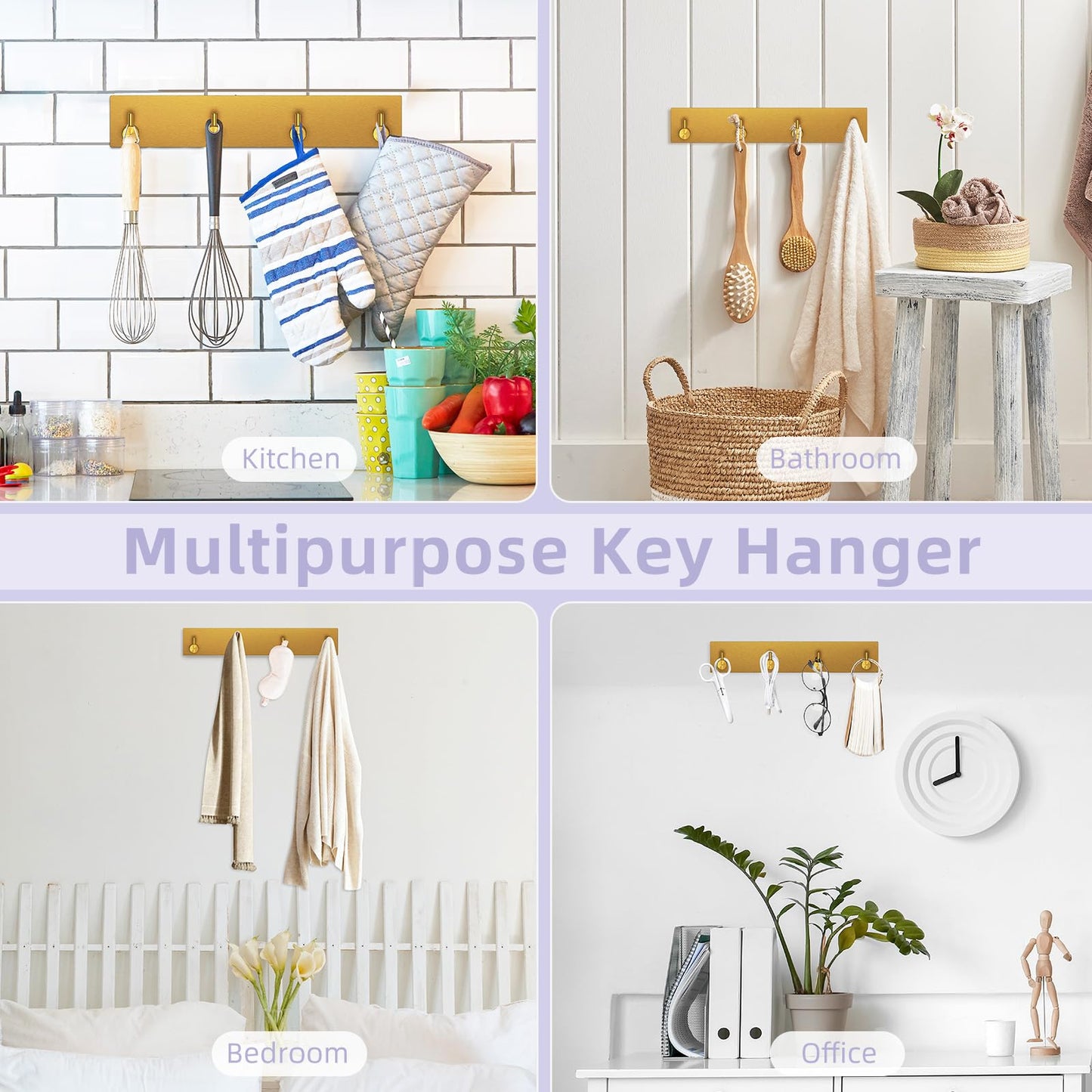 VIS'V Key Holder Wall Mount, Large Adhesive Key Hanger with 4 Hooks, Gold