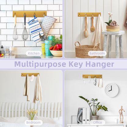 VIS'V Key Holder Wall Mount, Large Adhesive Key Hanger with 4 Hooks, Gold