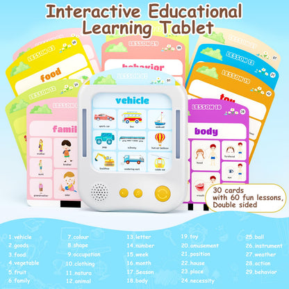 Interactive Educational Learning Tablet Toy for Kids,Screen-Free Phonics Learning Toy with 30 Flash Cards for Alphabets, Numbers, Words, Animals, Learn to Read for Boys Girls 3-5 Years Old, White
