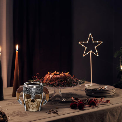 Tlence Stainless Steel Skull Mug, 18 OZ Halloween Viking Drinking Cup, Large Skeleton Resin Beer Stein Tankard with Double Handles, Bar Drinkware Medieval Decoration for Coffee, Tea, Novelty Gifts