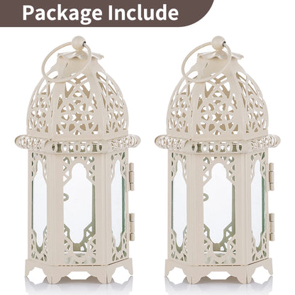 NUPTIO 2 Pcs Moroccan Style Candle Lantern - Small Sized Tealight Candle Holder with Transparent Glass Panels Great for Patio, Indoors/Outdoors, Events, Parties and Weddings, White