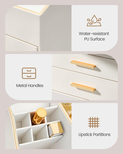Lolalet Makeup Organizer Countertop with Drawers, Easy to Clean PU Leather Storage Box, 3-Layer Cosmetic Holder for Skincare, Lipstick, Perfume & Brush, Display Case for Vanity Dresser Bathroom -Cream