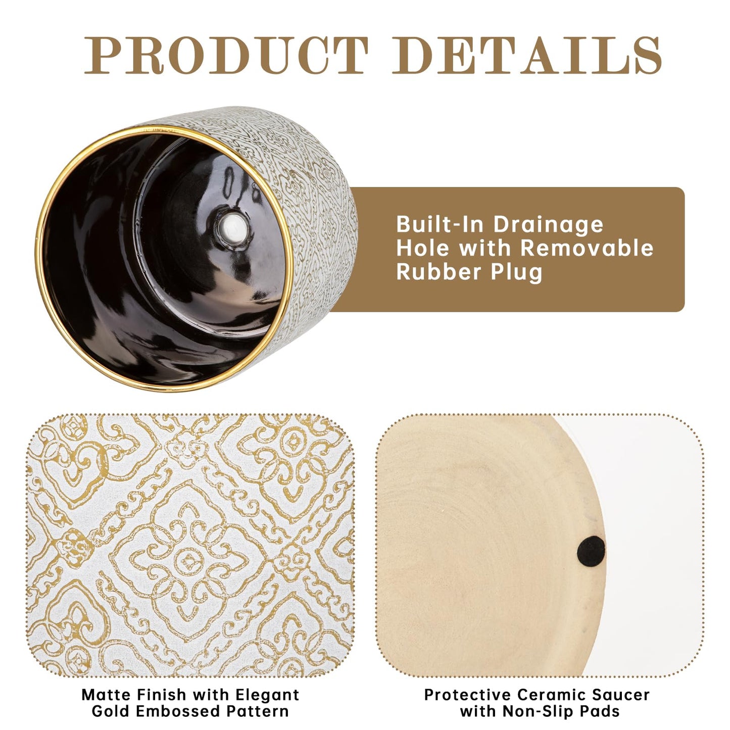 Ceramic Plant Pots with Drainage Hole & Saucer, White & Gold Ceramic Planter Pot for Indoor & Outdoor Use, 5.5" Small Plant Pots Decorative Flowerpots for Succulents, Herbs, Cactus, Orchids Planter