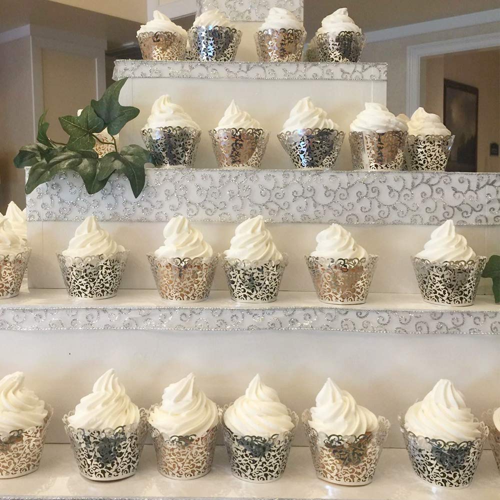 GOLF 100Pcs Cupcake Wrappers Artistic Bake Cake Paper Filigree Little Vine Lace Laser Cut Liner Baking Cup Wraps Muffin CaseTrays for Wedding Party Birthday Decoration (Silver)