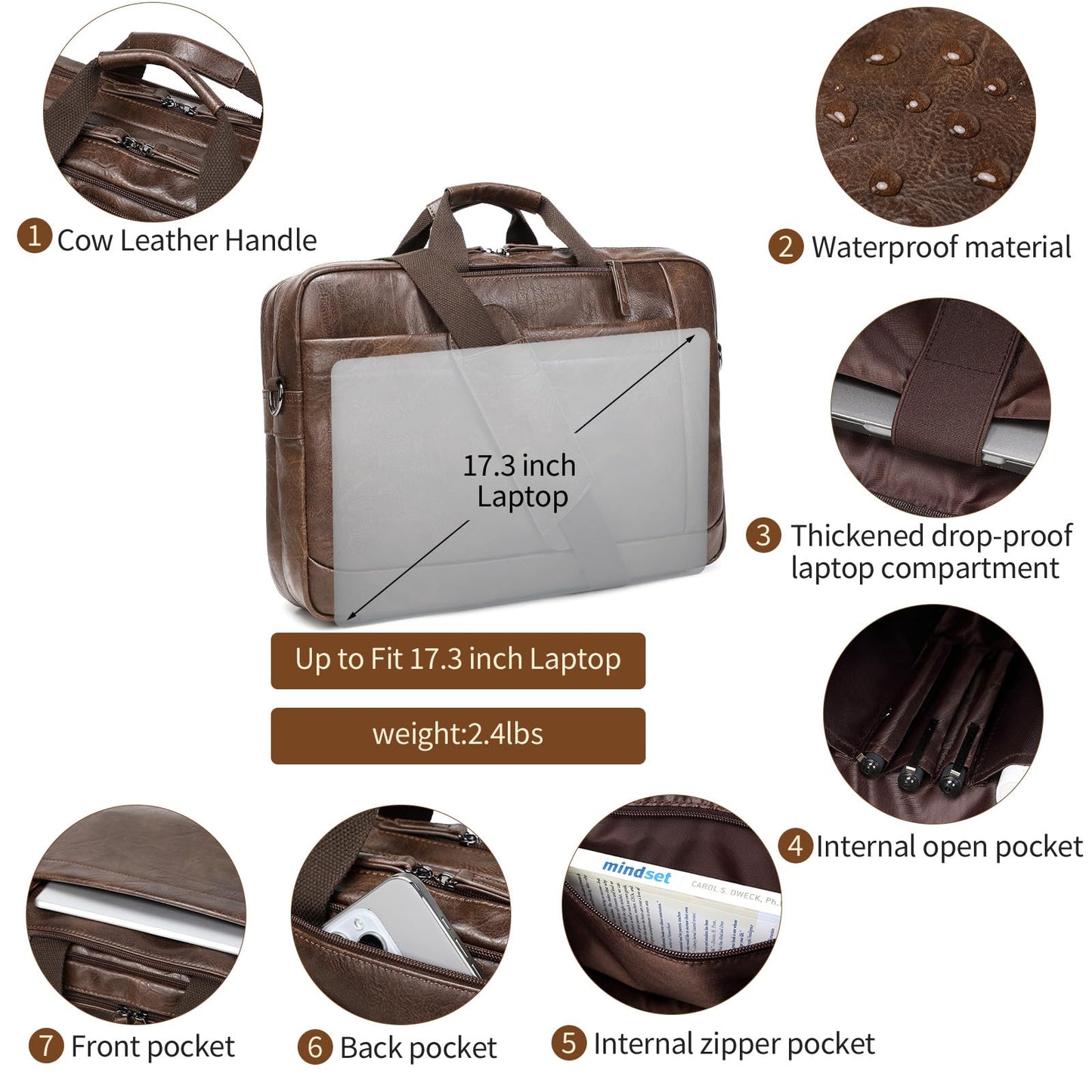 Faux Leather Messenger Bag for Men 17-17.3 Inch: Convertible 3 in 1 Backpack Laptop Bag Briefcase Computer Handbags Shoulder Crossbody Bag with Padded Laptop Sleeve for Work College Travel, PU Coffee