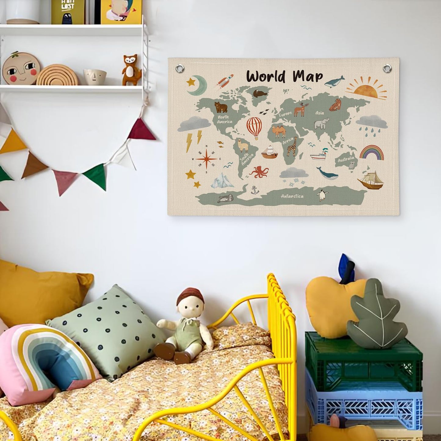 Wheatwin World Maps for Wall, Kids World Map Banner, Cute Animal World Map Educational Tapestry Wall Hanging Banner Flag Decor for Kids Room Classroom Playroom