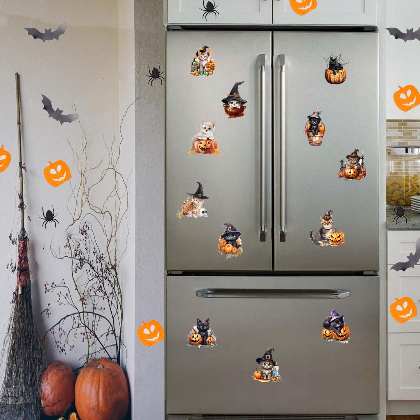 Cheerupp Halloween Cat Fridge Magnets, 12 Pieces Orange and Black Pumpkin Bat Refrigerator Magnetic Stickers Decals for Metal Door Locker Mailbox Car Decoration Supplies