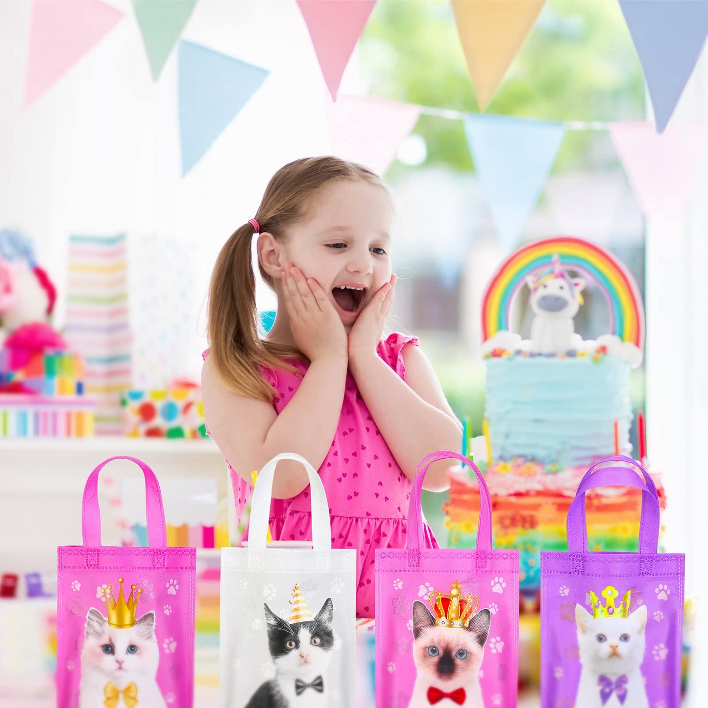 Ferraycle 24 Pcs Cat Party Favor Bag Cute Cat Goodie Bags Pet Party Favor Shopper Pet Themed Treat Supplies Non Woven for Baby Shower Birthday Decoration Supplies