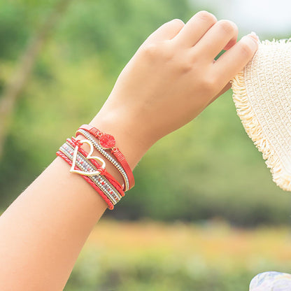 FANCY SHINY Heart Leather Wrap Bracelets Stackable Boho Cuff Bangles Trendy Resin Stone Rhinestone Bracelets with Magnetic Clasp for Women Gifts Jewelry(Red)