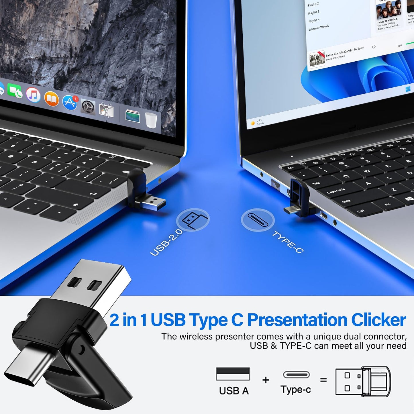 2-in-1 USB Type C Presentation Clicker, Wireless Presentation Clicker PowerPoint Presenter Remote with Volume Control, Powerpoint Clicker with Slide Advancer for Computer/Laptop/Mac