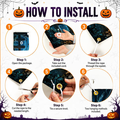 Halloween Garage Door Banner 157.5x70.9in Haunted House Graveyard Scene with Rope 393.7in & 10 Grommets Double Stitch Outdoor Garage Door Cover Halloween Garage Door Decorations Backdrop