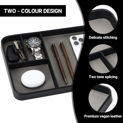 MultiBey Vegan Leather Valet Tray - 4-Compartment EDC Catchall Tray for Nightstand & Entryway Table - Minimalist Desk Organizer for Keys, Wallet, Watch, Phone & Jewelry Black