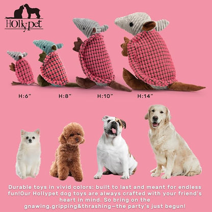 Hollypet Plush Dog Squeaky Toy Stuffed Armadillo Animal Pet Puppy Chew Toys with Clean Teeth for Small Medium Large All Breed Sizes Dogs, Bright Pink,10 in