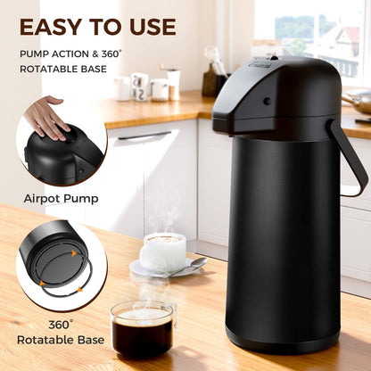 Coffee Carafe for Keeping Hot - Gezoss 102OZ / 3L Airpot Coffee Dispenser with Pump - Large Coffee Carafe for Hot Drinks Tea Liquid - Insulated Stainless Steel Hot Water Beverage for Parties,Black
