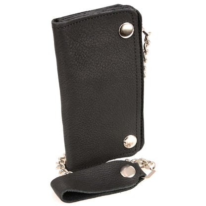 Milwaukee Leather MLW7883 Men's 6” Black Premium Leather Soft Biker Wallet - Bi-Fold Anti-Theft Stainless Steel Chain - One Size