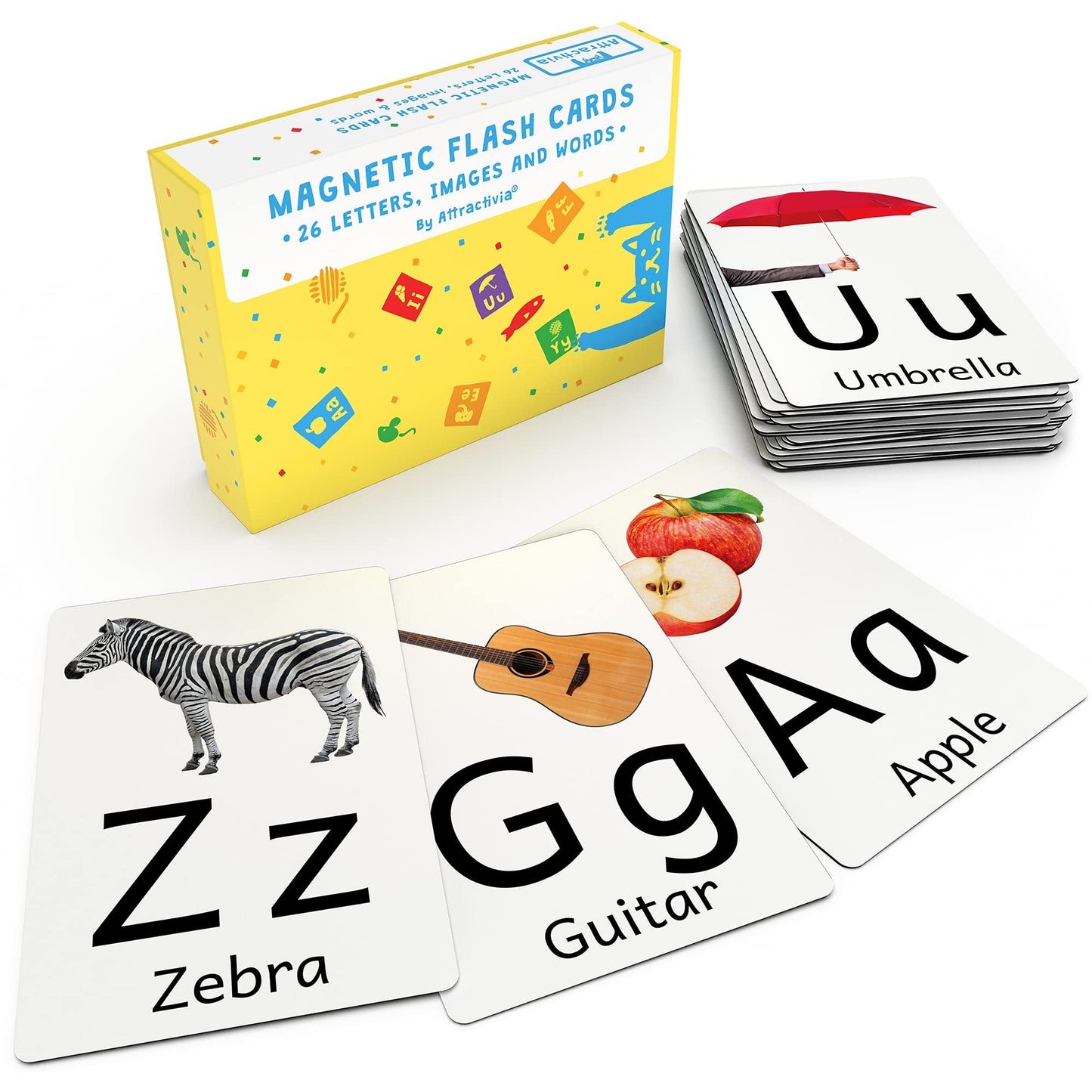 Attractivia Magnetic Big Alphabet ABC Picture Flash Cards. 26 Sturdy Large Letters with First Words for Toddlers, Preschool and Kindergarten