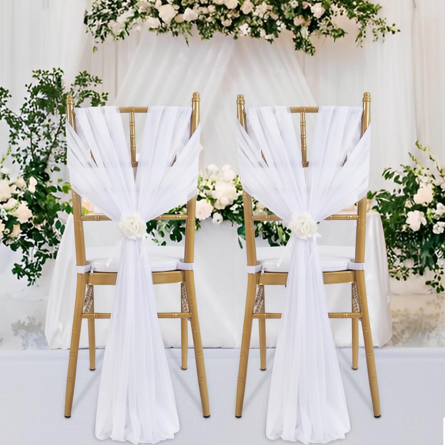 PakiInno White Chair Sashes 50 PCS Tulle Chair Cover 8ft Loing Wedding Banquet Decorations for Aisle Back and Side of Chair Sheer Drapes Fabric