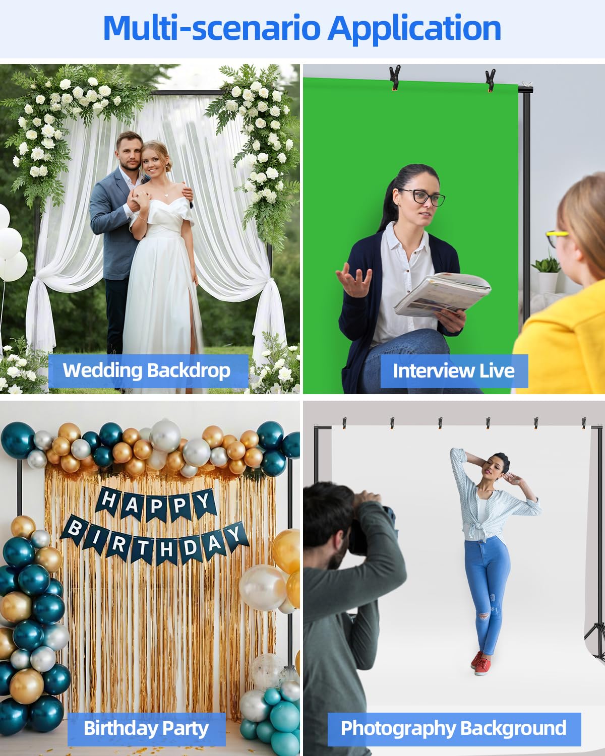 Hemmotop Backdrop Stand 10x8ft (WxH), Photography Background Stand for Parties, Adjustable Photo Backdrop Stands Kit for Wedding, Photo Booth, Party, Decoration, Balloon, Projector Screen