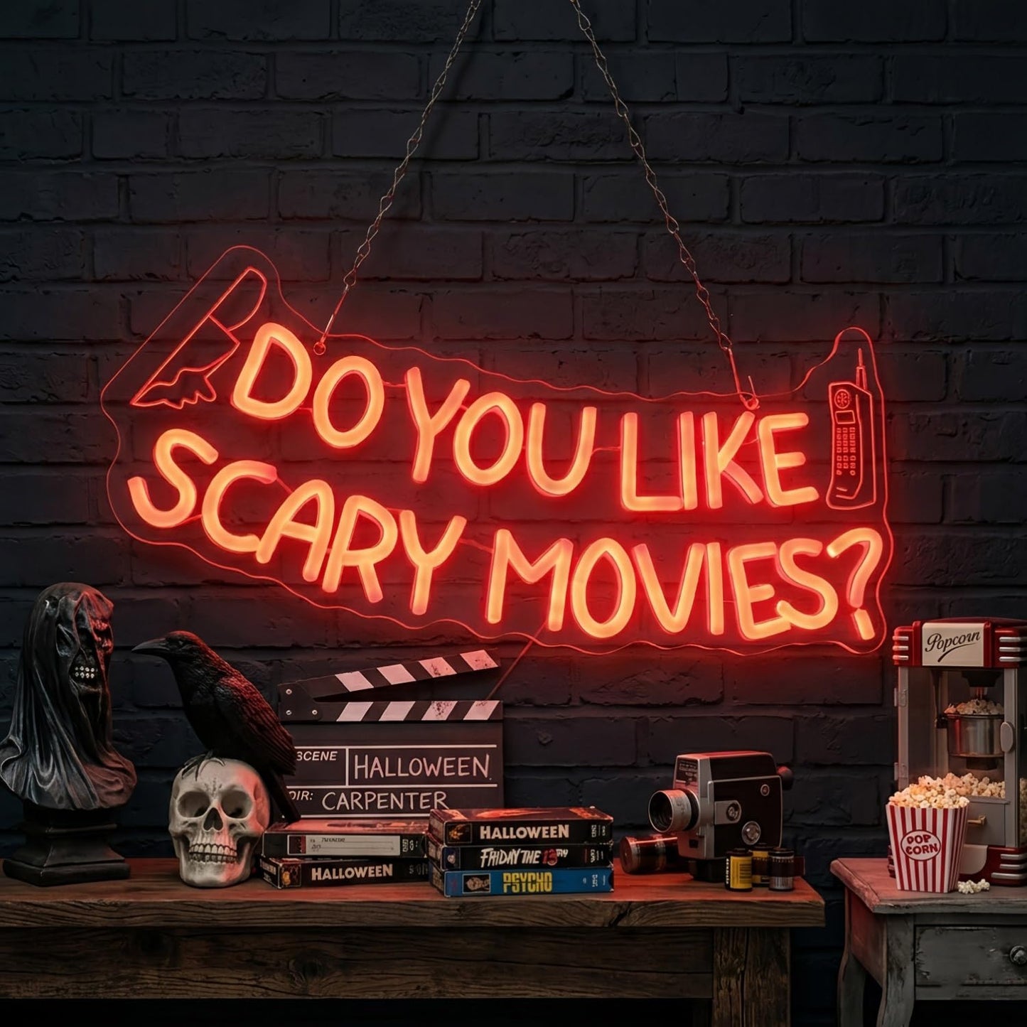 Do You Like Scary Movies LED Neon Sign Horror Movie Decor for Wall USB Powered Adjustable Brightness Easy Install Neon Lights for Room Halloween Decorations