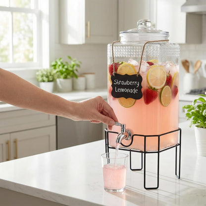 1.5 Gallon Glass Drink Dispenser, Drink Dispensers for Parties, Beverage Dispenser with Stand and Glass Lid, 100% Leakproof Spigot, Ideal for Lemonade, Juice, Iced Tea, Laundry Detergent
