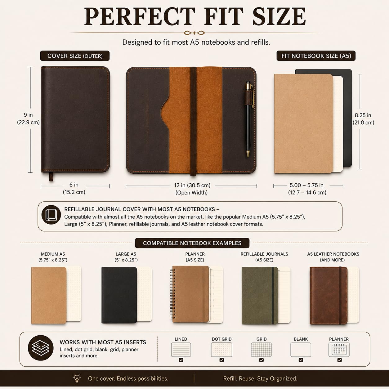 CestAntiQ Full Grain Leather A5 Journal Cover for 5.75 x 8.25 in Hardcover Notebook, Refillable Leather Notebook Cover with Pen Loop, Compatible with Leuchtturm1917, Moleskine & A5 Planners, Handmade (Dark Brown)