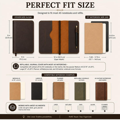 CestAntiQ Full Grain Leather A5 Journal Cover for 5.75 x 8.25 in Hardcover Notebook, Refillable Leather Notebook Cover with Pen Loop, Compatible with Leuchtturm1917, Moleskine & A5 Planners, Handmade (Dark Brown)