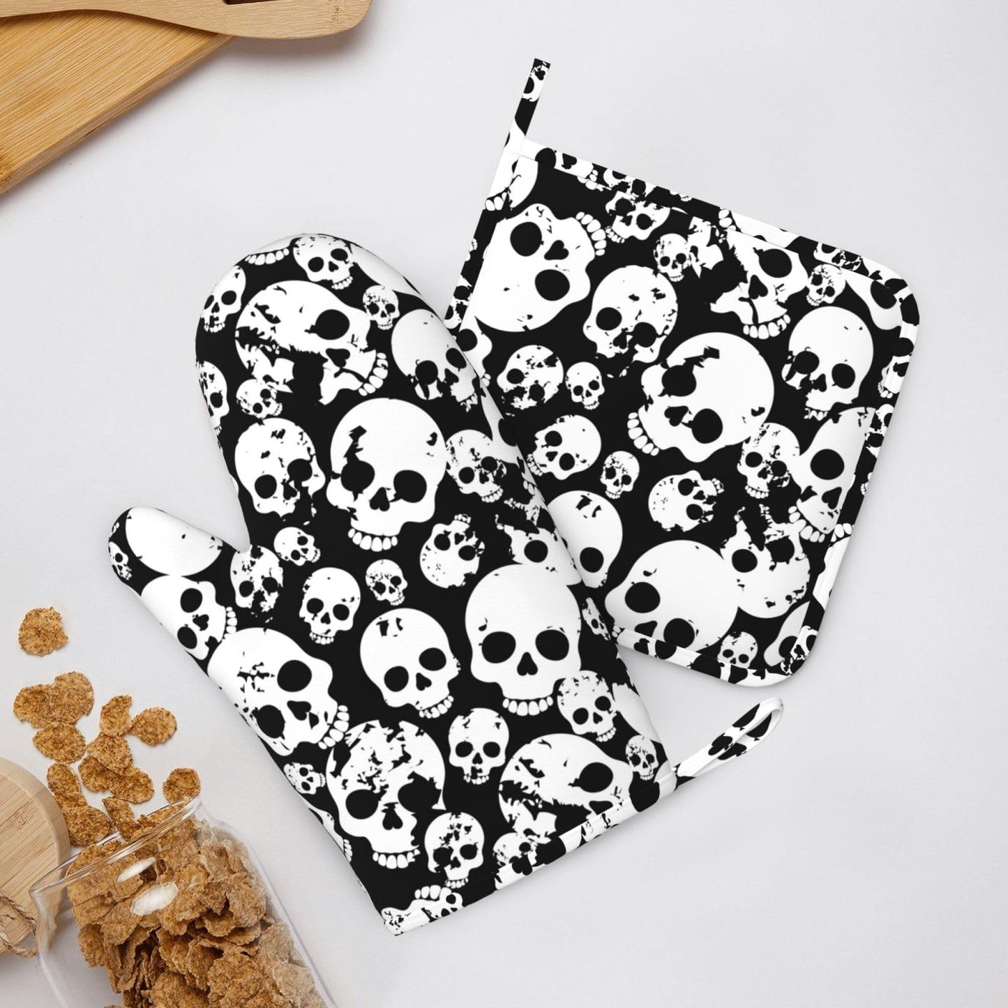 Skull Black And White Oven Mitts And Pot Holders Set Of 2 Silicone Heat Resistant Oven Mitten Potholders Non Slip Gloves Kitchen Decor For Bbq Cooking Grilling Baking