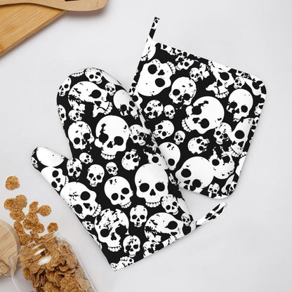 Skull Black And White Oven Mitts And Pot Holders Set Of 2 Silicone Heat Resistant Oven Mitten Potholders Non Slip Gloves Kitchen Decor For Bbq Cooking Grilling Baking