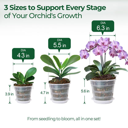 T4U Orchid Pot, 9 Pack Orchid Pots with Holes and Saucers for Repotting, 3 Each of 4.3, 5.5 and 6.3 Inch, Clear Plastic Flower Plant Pot for Indoor Outdoor Plants, Orchids Planter for Root Health