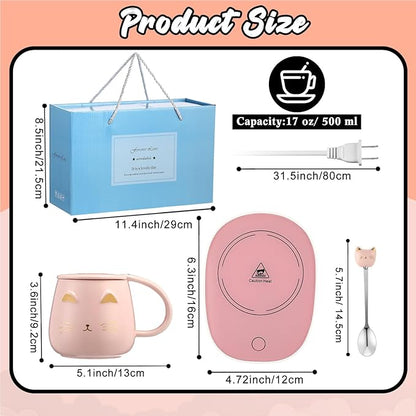 Cat Coffee Cup Coffee Warmer with Mug for Women Electric Mug Heater Temperature Control Ceramic Cute Cat Warmer for Office Valentine' Day Birthday Gift(Pink)