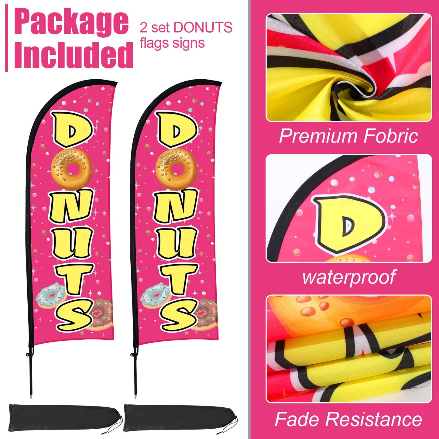 Buryeah 2 Sets Donuts Feather Flag Pole Kit 7 ft Donuts Advertising Flag Sign Banner with Flagpole Ground Stake Portable Bag for Diner Restaurant Business Outdoor Advertising