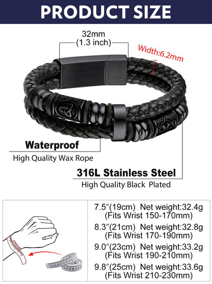 Bandmax Black Leather Viking Nordic Bracelet for Men 8.26 Inch Celtic Knot Beaded Wristband Bracelets Norse Style Men's Wrist Jewelry Gift for Son Husband Father Christmas Birthday Father's Day