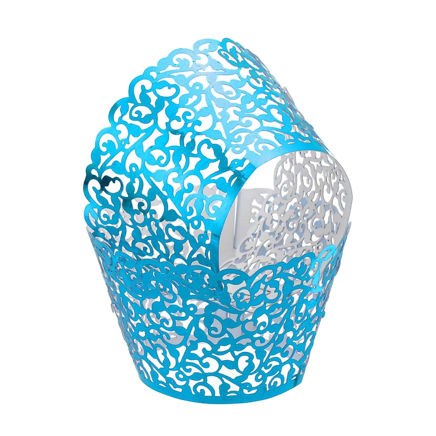 HARFINGTON 50 Pcs Lace Cupcake Liners Standard Vine Designed Hollow Out Cupcake Wraps Artistic Bake Cake Paper Cups for Anniversary Birthday Weddings Parties, Reflective Blue