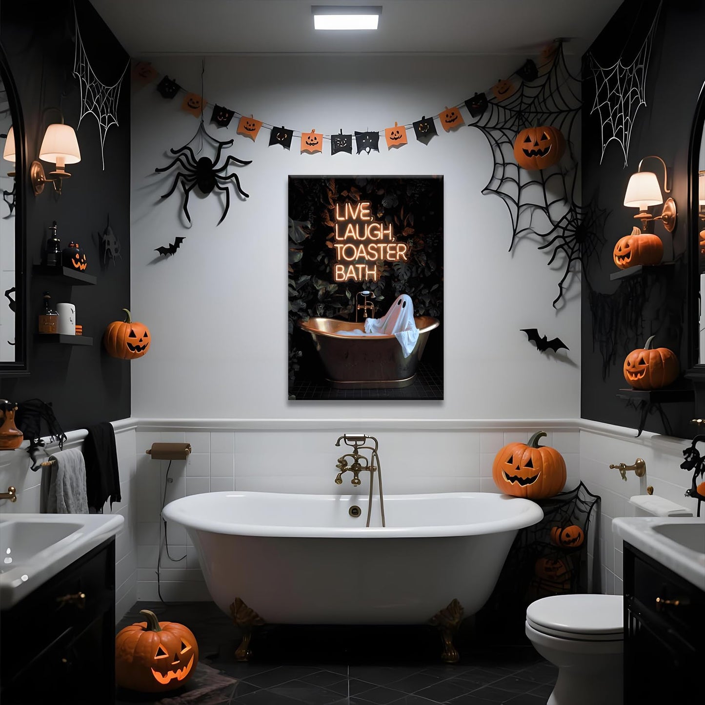 Gothic Ghost Wall Art Funny Live Laugh Toaster Bath Posters Dark Academia Halloween Decor Spooky Witchy Canvas Cute Ghost in Bathtub Prints Pictures for Bathroom Restroom Neon Sign 12x16inch Unframed