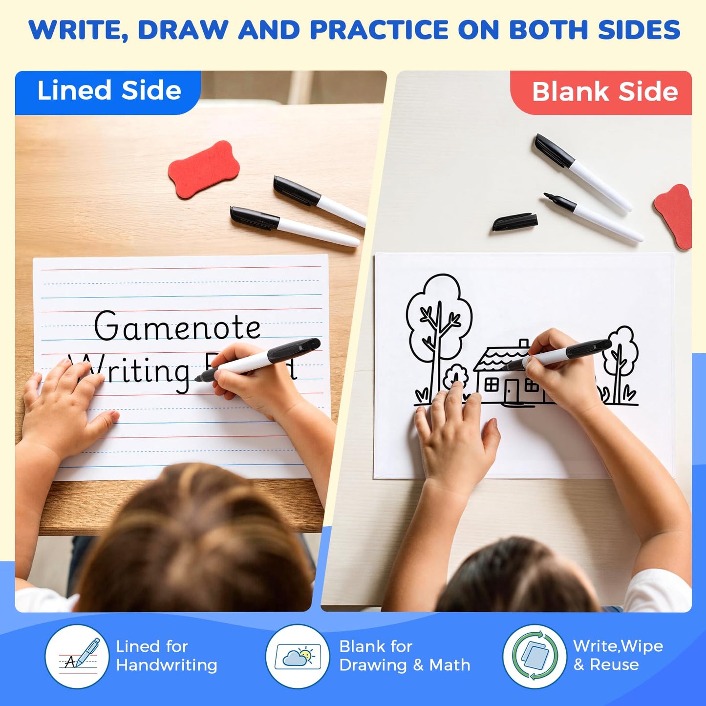 GAMENOTE White Board Dry Erase, Small Magnetic Lined White Board Set, Double Sided Magnet Ruled Lap Boards Whiteboard for Kids and Student Learning, 9x12 Inches (Pack of 24)