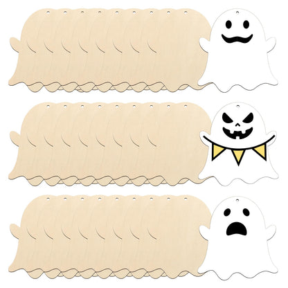 kuchisity Large Size 7'' Wooden Halloween Ornaments to Paint 30 Pcs DIY Blank Unfinished Ghost Wooden Cutouts with Twines for Halloween Thanksgiving Day Fall Party