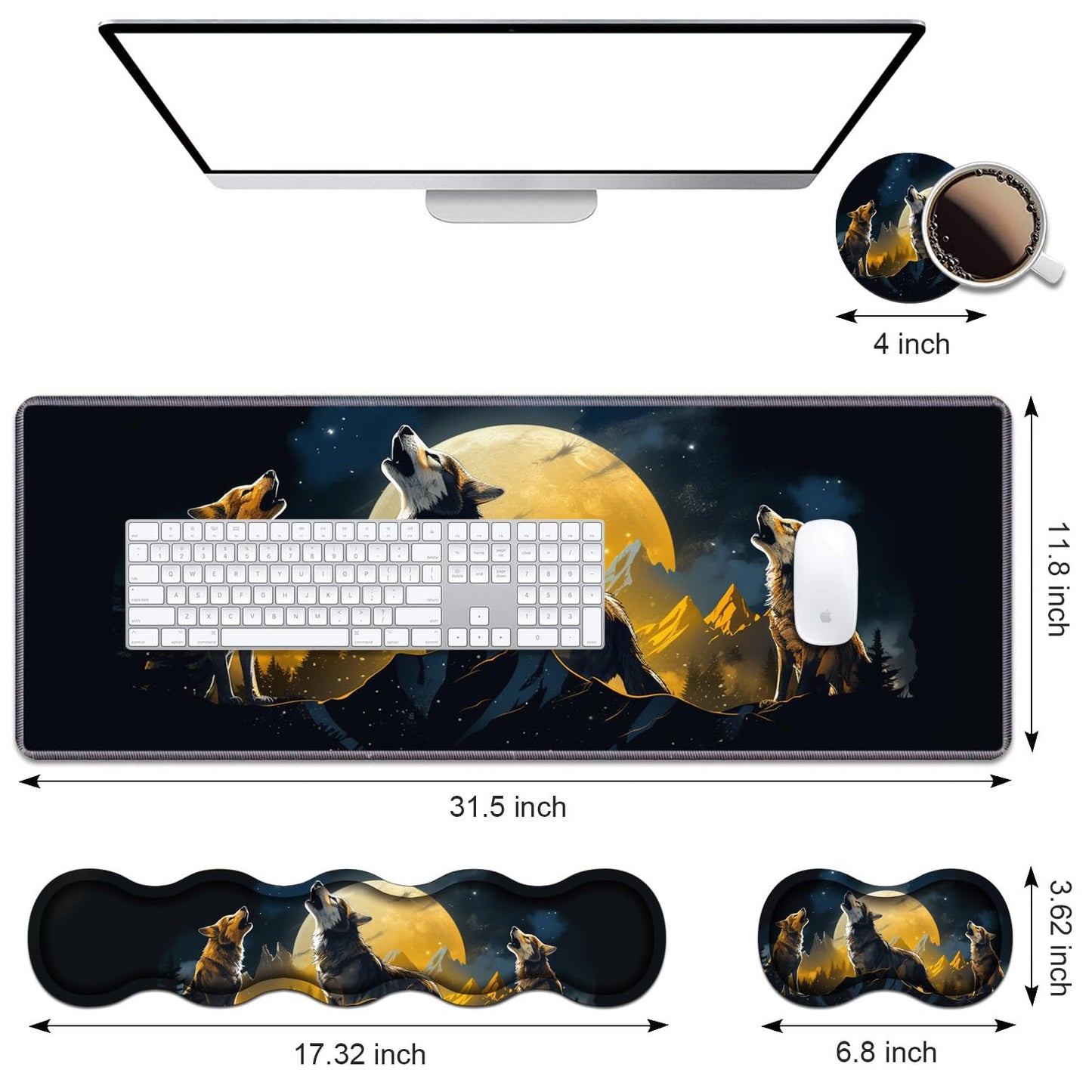 Ergonomic Keyboard Wrist Rest & Mouse Pad Wrist Rest Set, Large XXL Gaming Desk Mat 31.5"x 11.8" with Memory Foam, Easy Typing Pain Relief for Office & Home, Wolf Howling Under The Moon