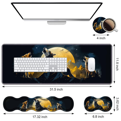 Ergonomic Keyboard Wrist Rest & Mouse Pad Wrist Rest Set, Large XXL Gaming Desk Mat 31.5"x 11.8" with Memory Foam, Easy Typing Pain Relief for Office & Home, Wolf Howling Under The Moon